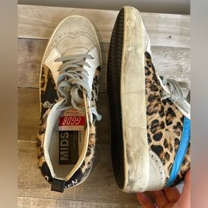 White, Brown and Blue Mid Star Leopard Print Ponyhair Sneakers